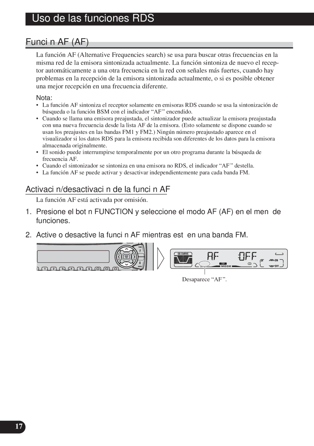 Pioneer DEH-P4100R operation manual Función AF AF, Activación/desactivación de la función AF 