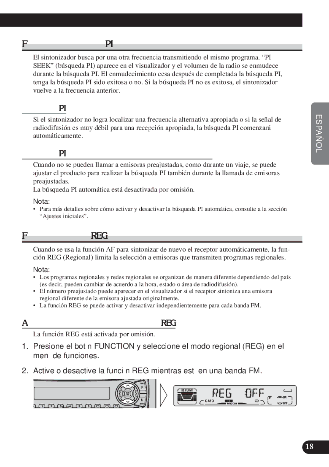 Pioneer DEH-P4100R Función de búsqueda PI, Función regional REG, Búsqueda PI, Activación/desactivación de la función REG 