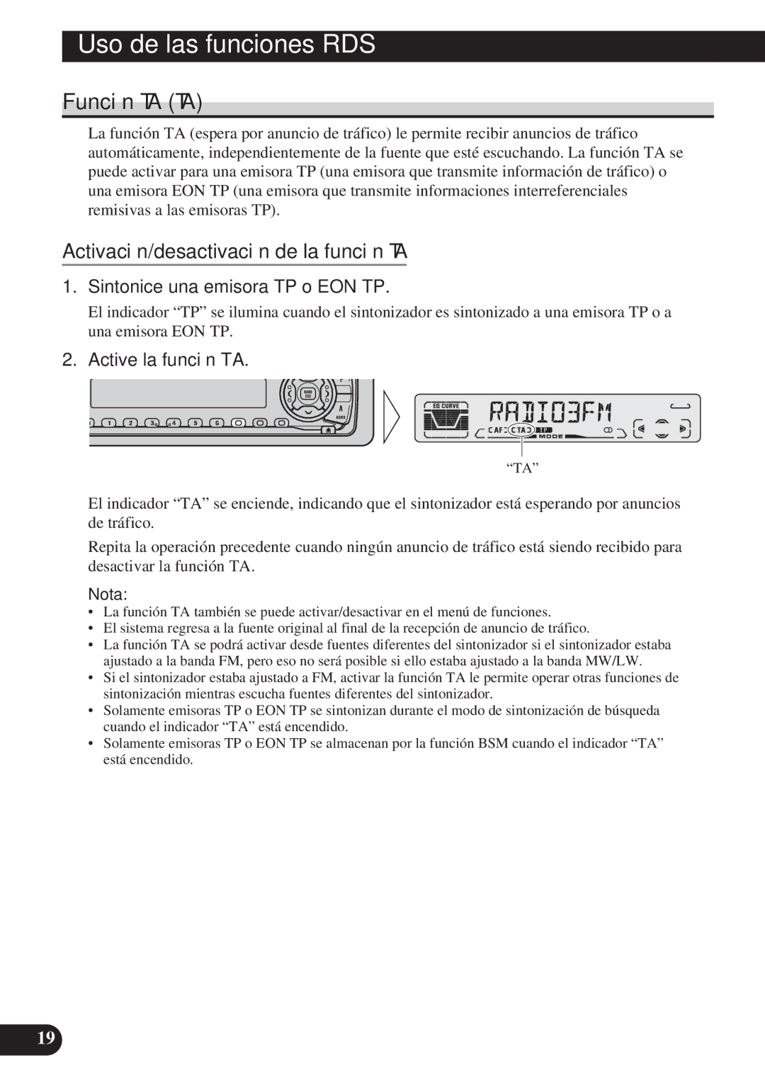 Pioneer DEH-P4100R Función TA TA, Activación/desactivación de la función TA, Sintonice una emisora TP o EON TP 