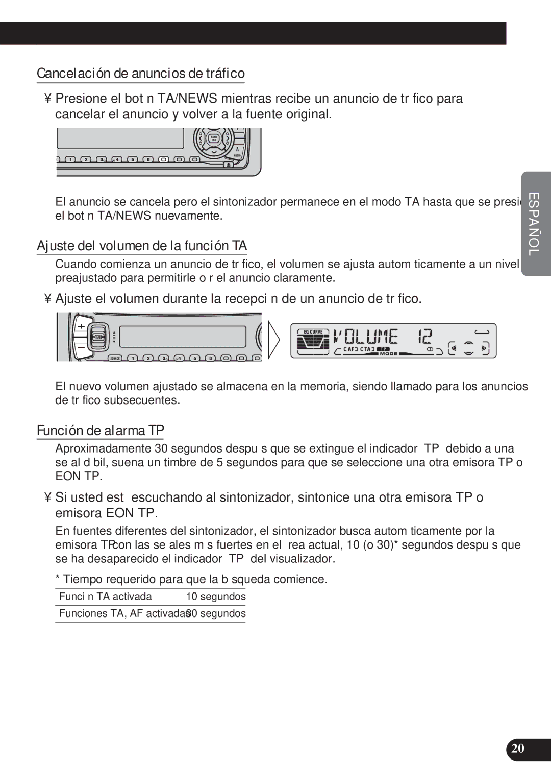 Pioneer DEH-P4100R Cancelación de anuncios de tráfico, Ajuste del volumen de la función TA, Función de alarma TP 