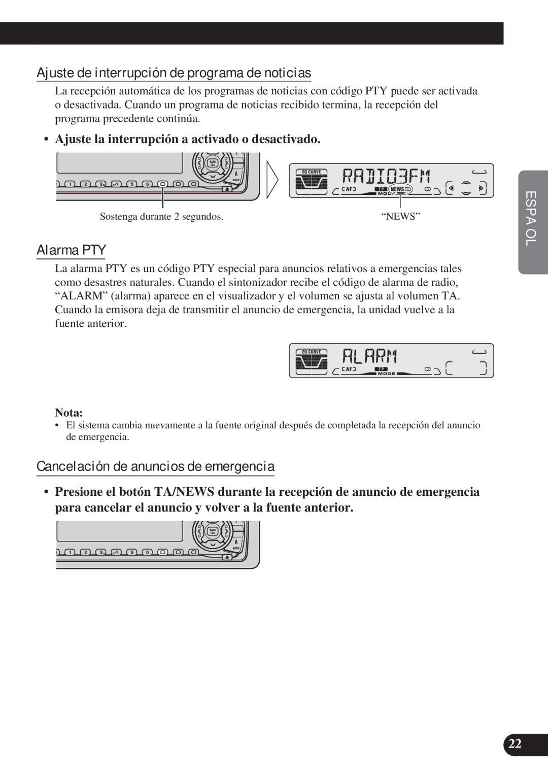 Pioneer DEH-P4100R Ajuste de interrupción de programa de noticias, Alarma PTY, Cancelación de anuncios de emergencia 