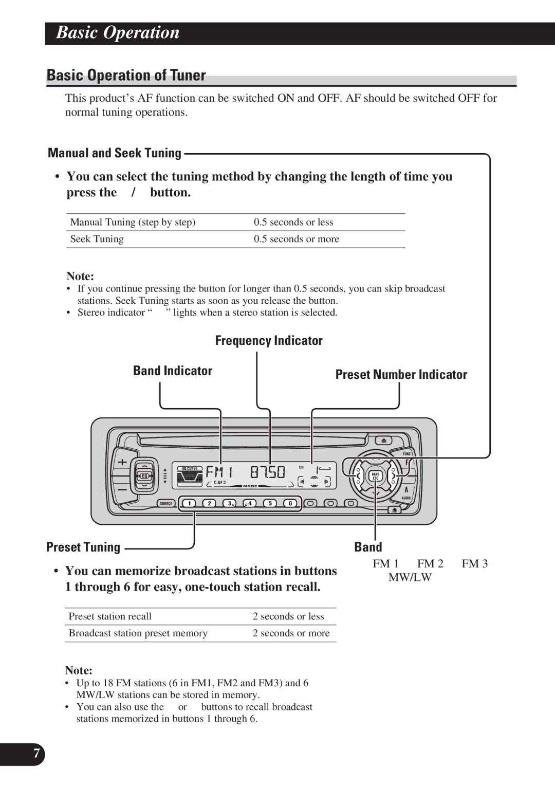 Pioneer DEH-P4100R operation manual Basic Operation of Tuner, Manual and Seek Tuning, Frequency Indicator 