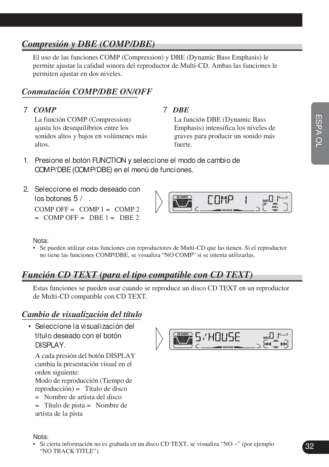 Pioneer DEH-P4100R operation manual Compresión y DBE COMP/DBE, Función CD Text para el tipo compatible con CD Text 