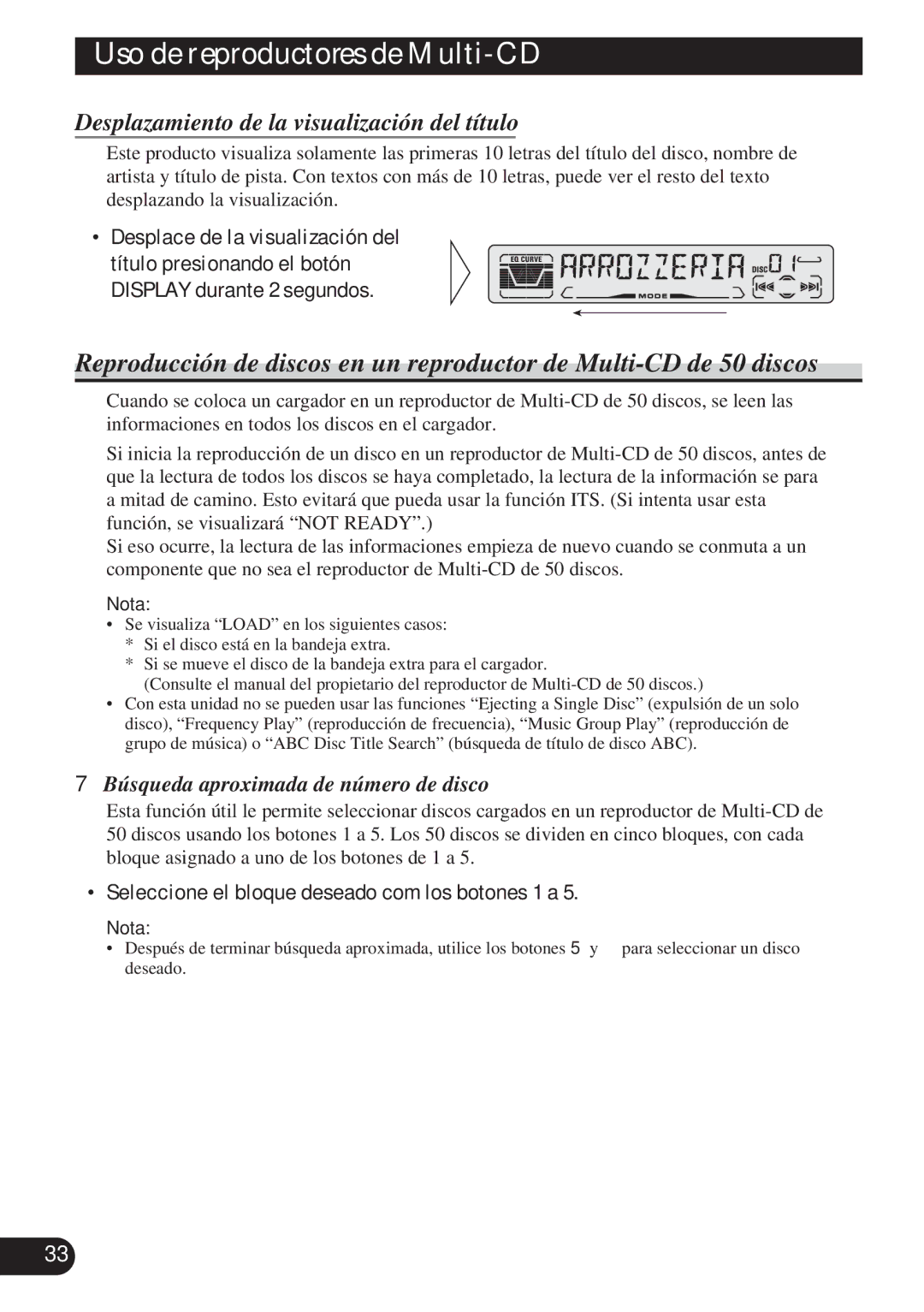 Pioneer DEH-P4100R operation manual Desplazamiento de la visualización del título, Búsqueda aproximada de número de disco 