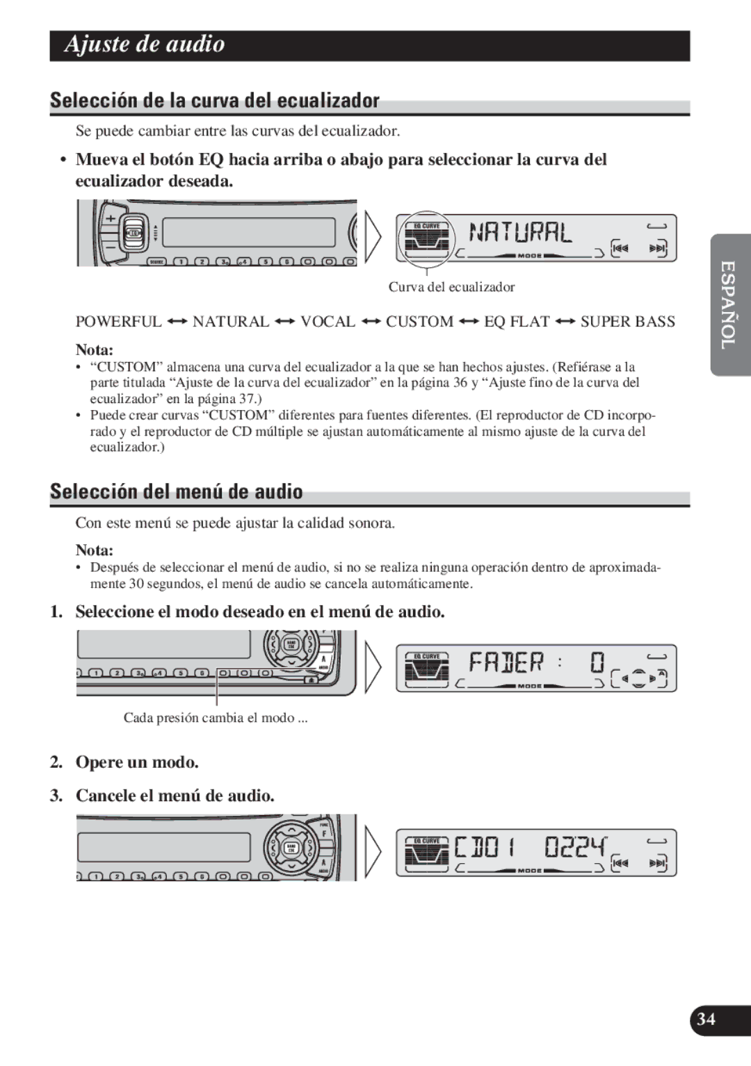 Pioneer DEH-P4100R operation manual Ajuste de audio, Selección de la curva del ecualizador, Selección del menú de audio 