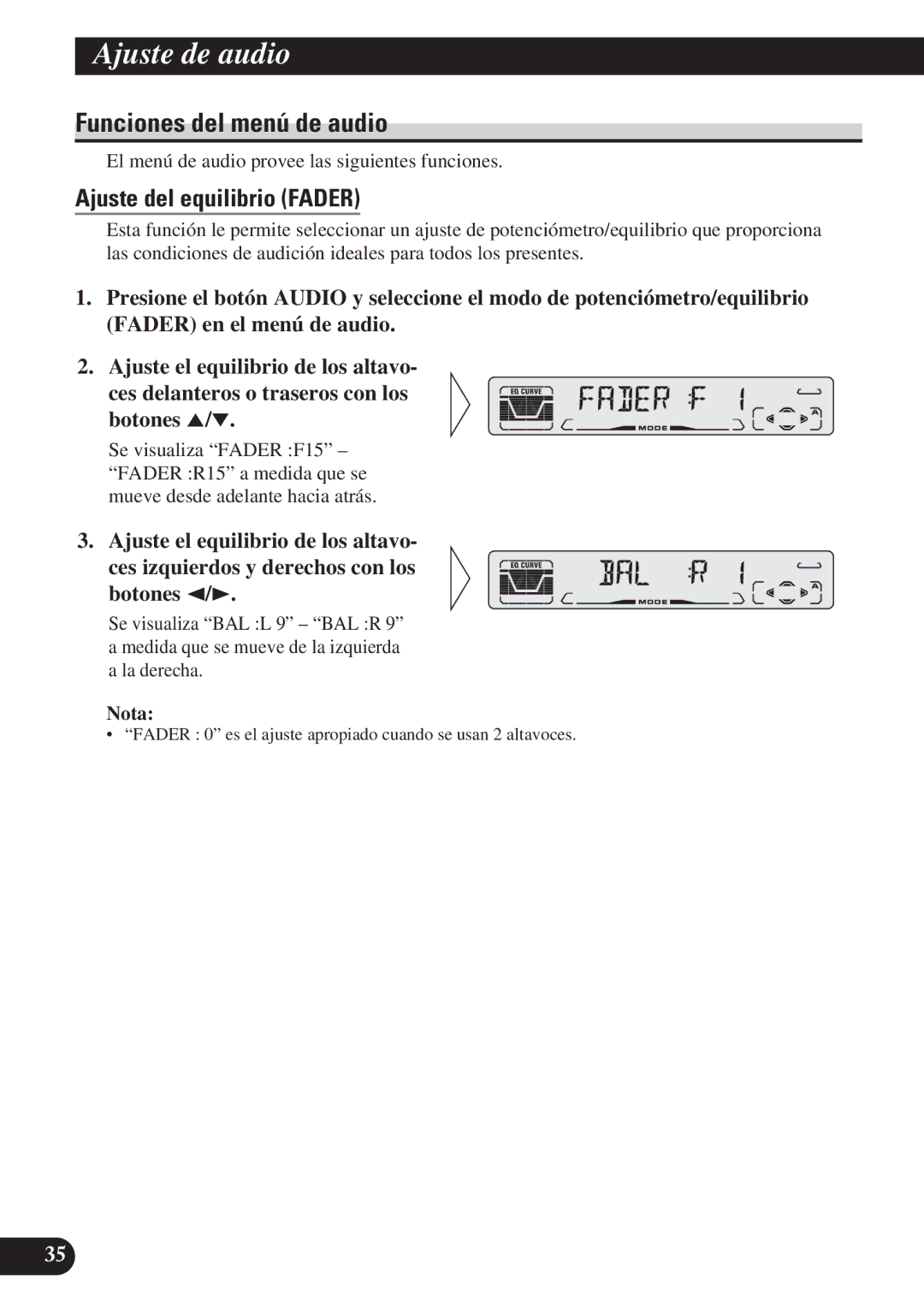 Pioneer DEH-P4100R operation manual Funciones del menú de audio, Ajuste del equilibrio Fader 