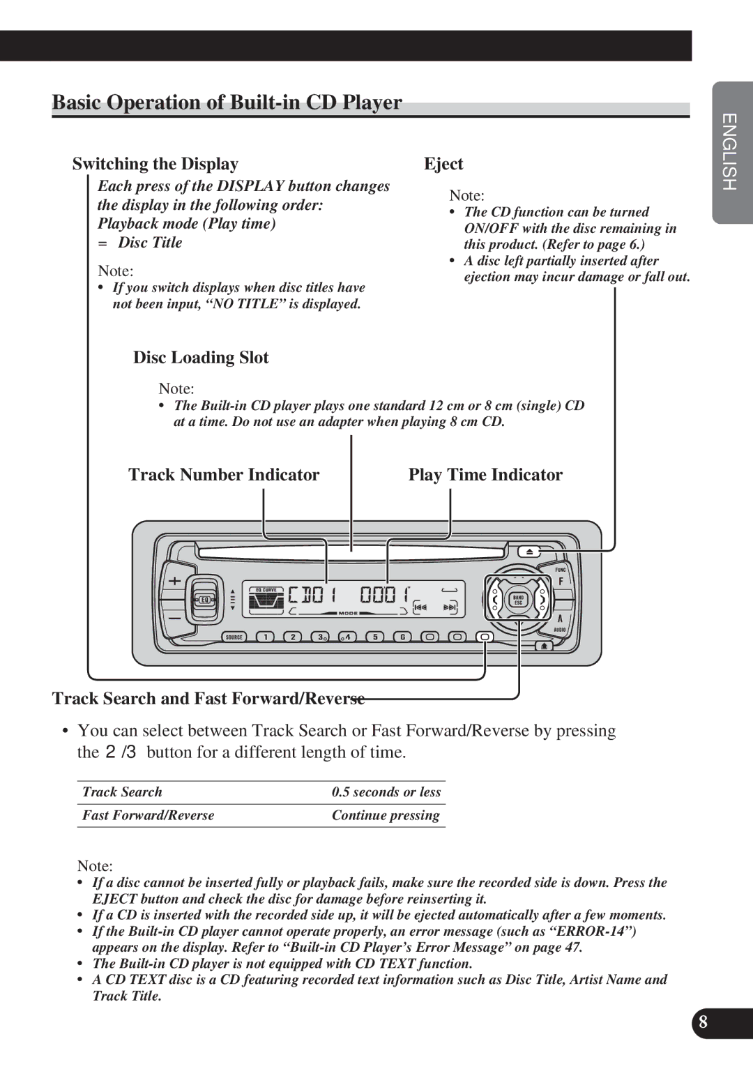 Pioneer DEH-P4100R operation manual Basic Operation of Built-in CD Player, Switching the Display, Eject, Disc Loading Slot 