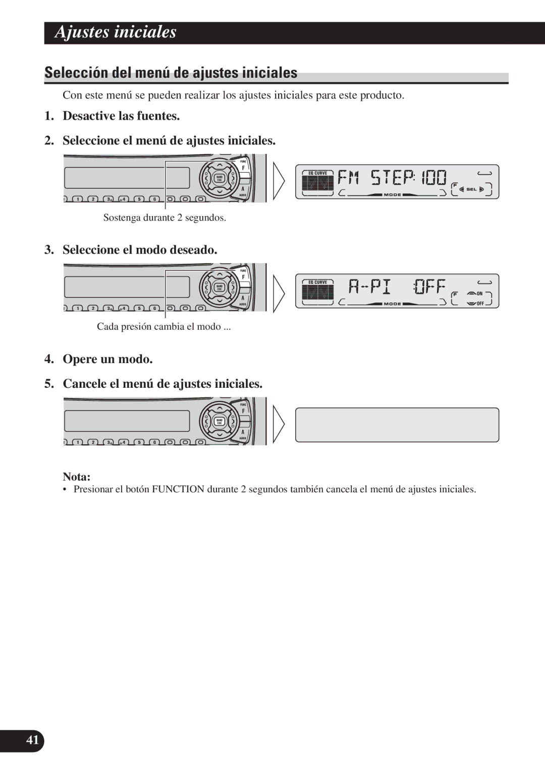 Pioneer DEH-P4100R operation manual Ajustes iniciales, Selección del menú de ajustes iniciales, Seleccione el modo deseado 