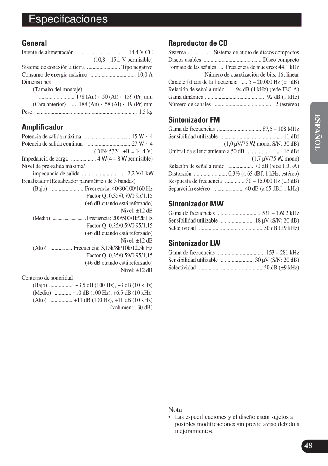 Pioneer DEH-P4100R operation manual Especificaciones 