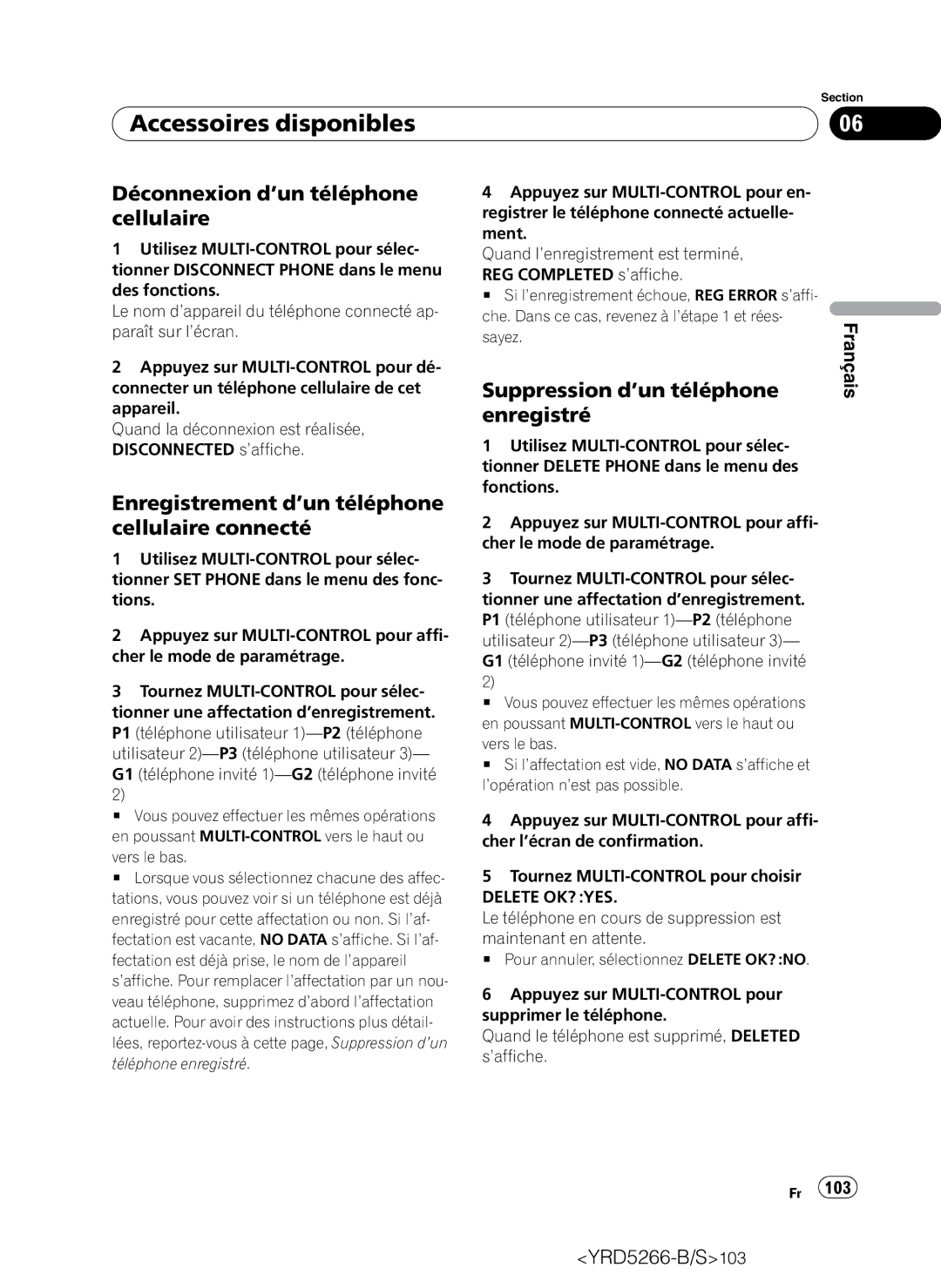 Pioneer DEH-P410UB Déconnexion d’un téléphone cellulaire, Enregistrement d’un téléphone cellulaire connecté, Enregistré 