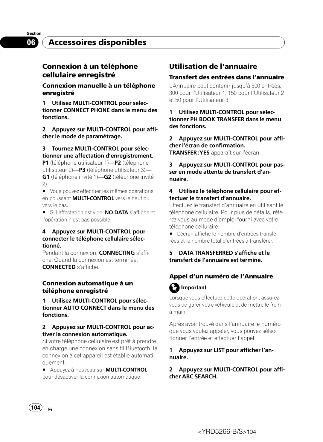 Pioneer DEH-P410UB operation manual Connexion à un téléphone cellulaire enregistré, Utilisation de l’annuaire, 104 Fr 