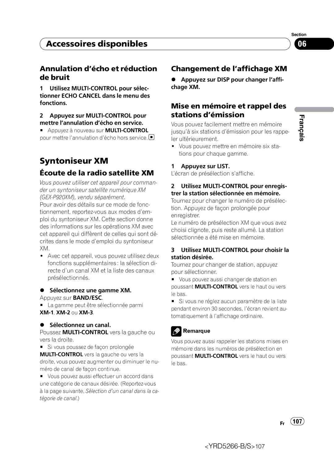 Pioneer DEH-P410UB operation manual Syntoniseur XM, Annulation d’écho et réduction de bruit, Changement de l’affichage XM 