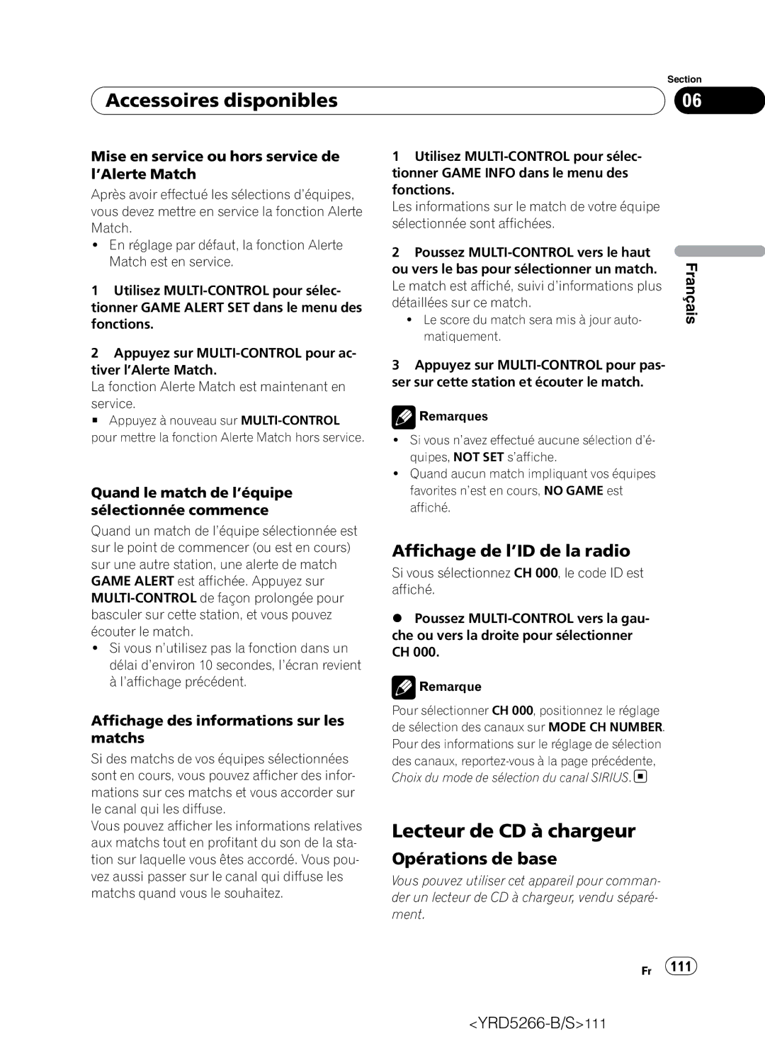 Pioneer DEH-P410UB operation manual Lecteur de CD à chargeur, Mise en service ou hors service de l’Alerte Match 