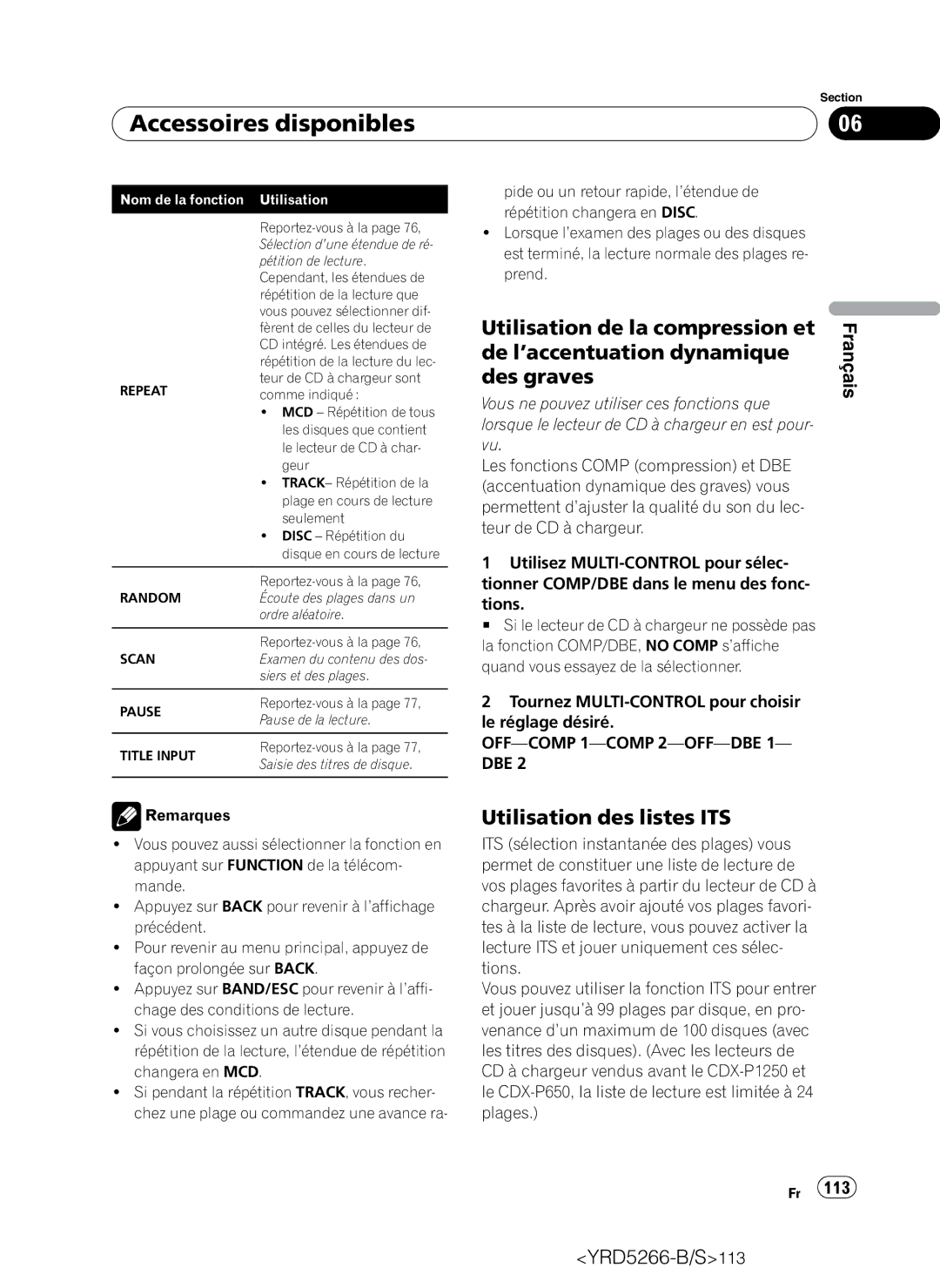 Pioneer DEH-P410UB Utilisation des listes ITS, Tionner COMP/DBE dans le menu des fonc, Tions, OFF-COMP 1-COMP 2-OFF-DBE 