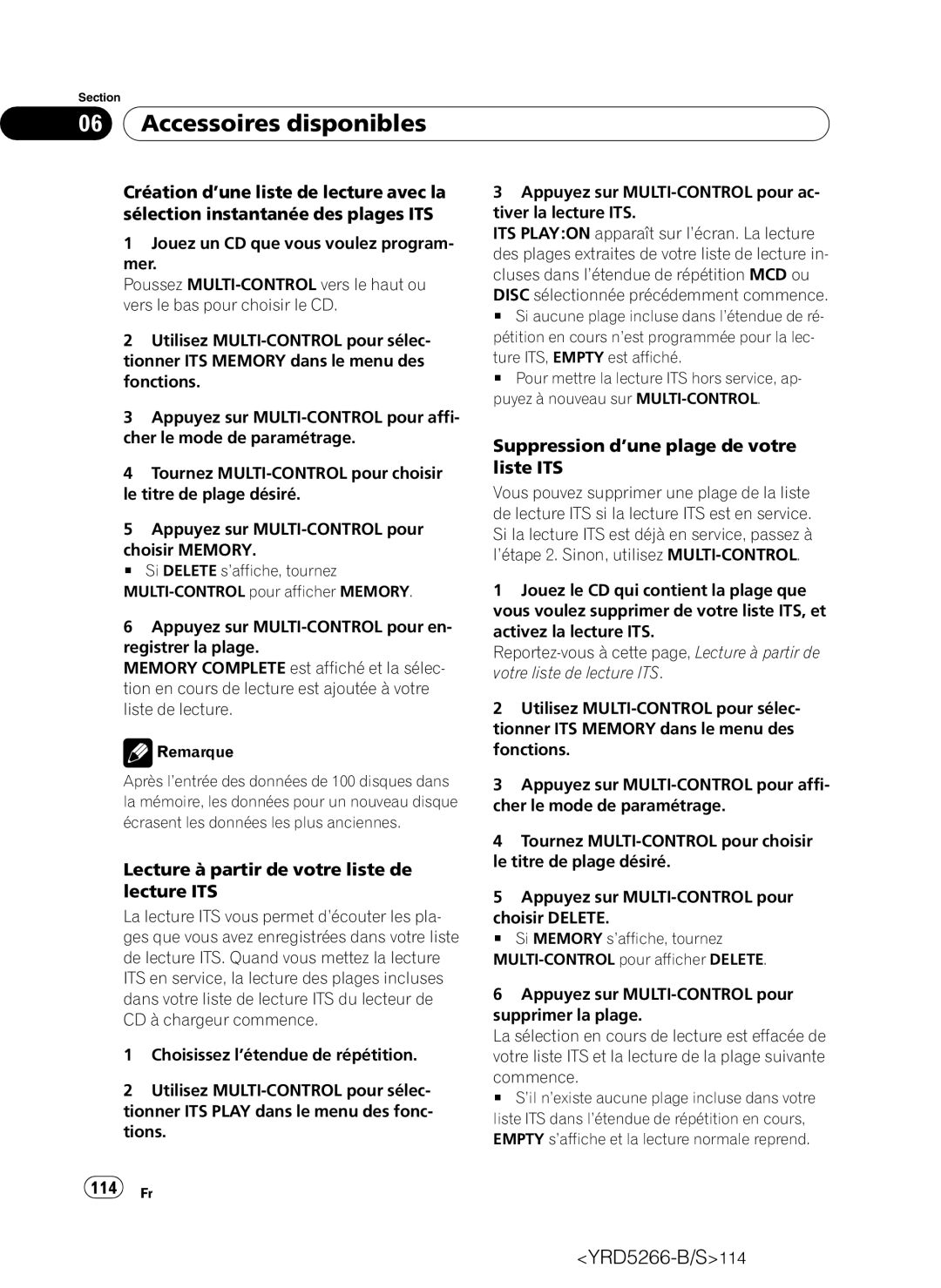 Pioneer DEH-P410UB Lecture à partir de votre liste de lecture ITS, 114 Fr, Suppression d’une plage de votre liste ITS 