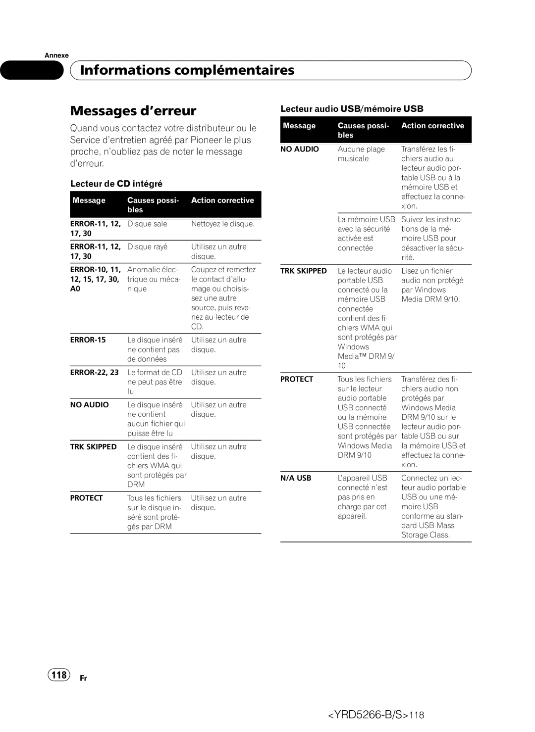 Pioneer DEH-P410UB operation manual Informations complémentaires Messages d’erreur, 118 Fr 