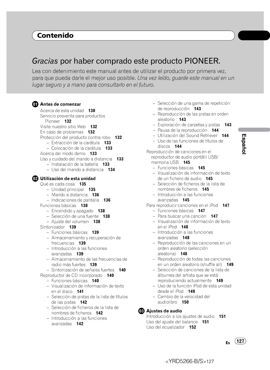 Pioneer DEH-P410UB operation manual Contenido, 127, Extracción de la carátula 133, 138, 143 