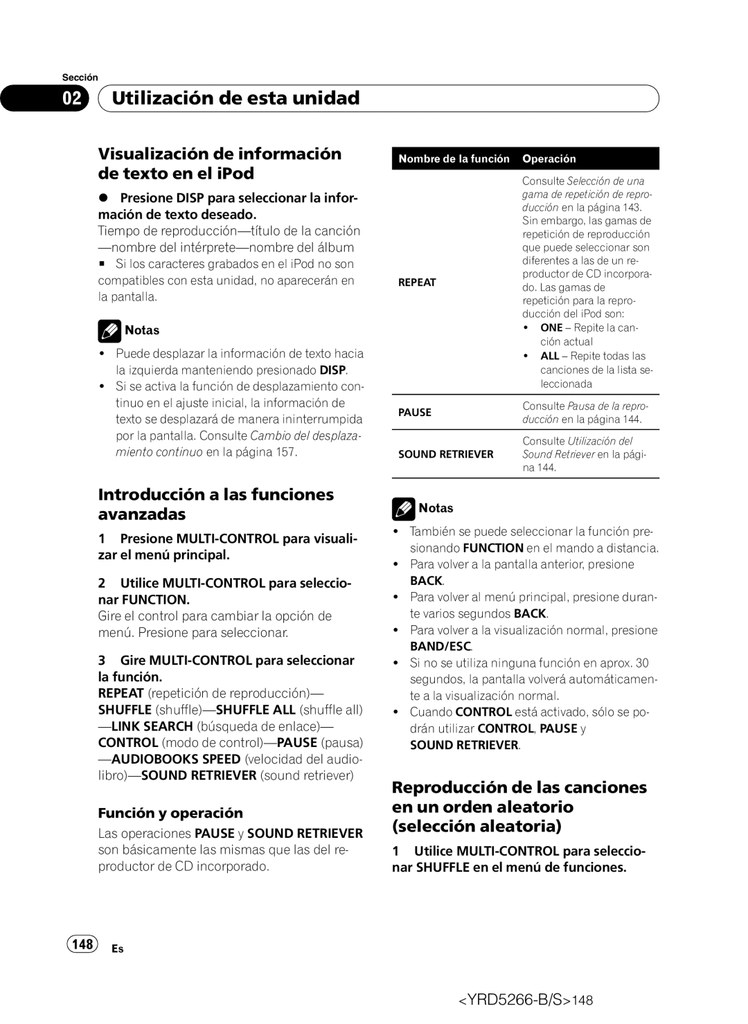 Pioneer DEH-P410UB Visualización de información de texto en el iPod, 148 Es, La izquierda manteniendo presionado Disp 