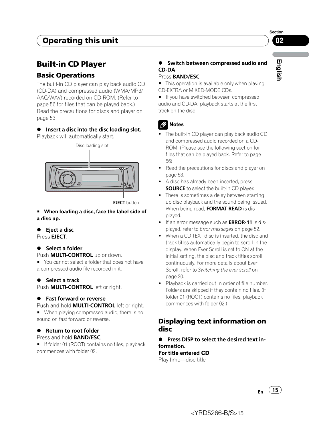 Pioneer DEH-P410UB operation manual Operating this unit Built-in CD Player, Displaying text information on, Disc, Cd-Da 