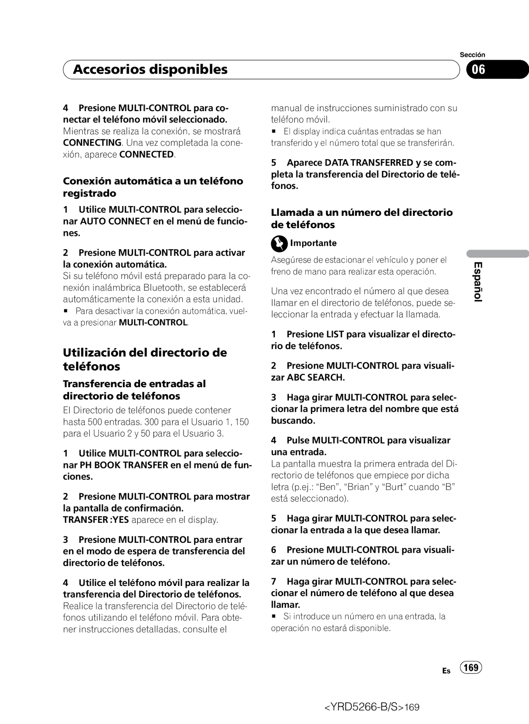 Pioneer DEH-P410UB Utilización del directorio de teléfonos, Conexión automática a un teléfono registrado, 169 