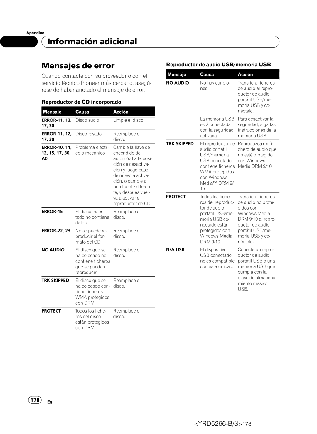 Pioneer DEH-P410UB operation manual Información adicional Mensajes de error, 178 Es 