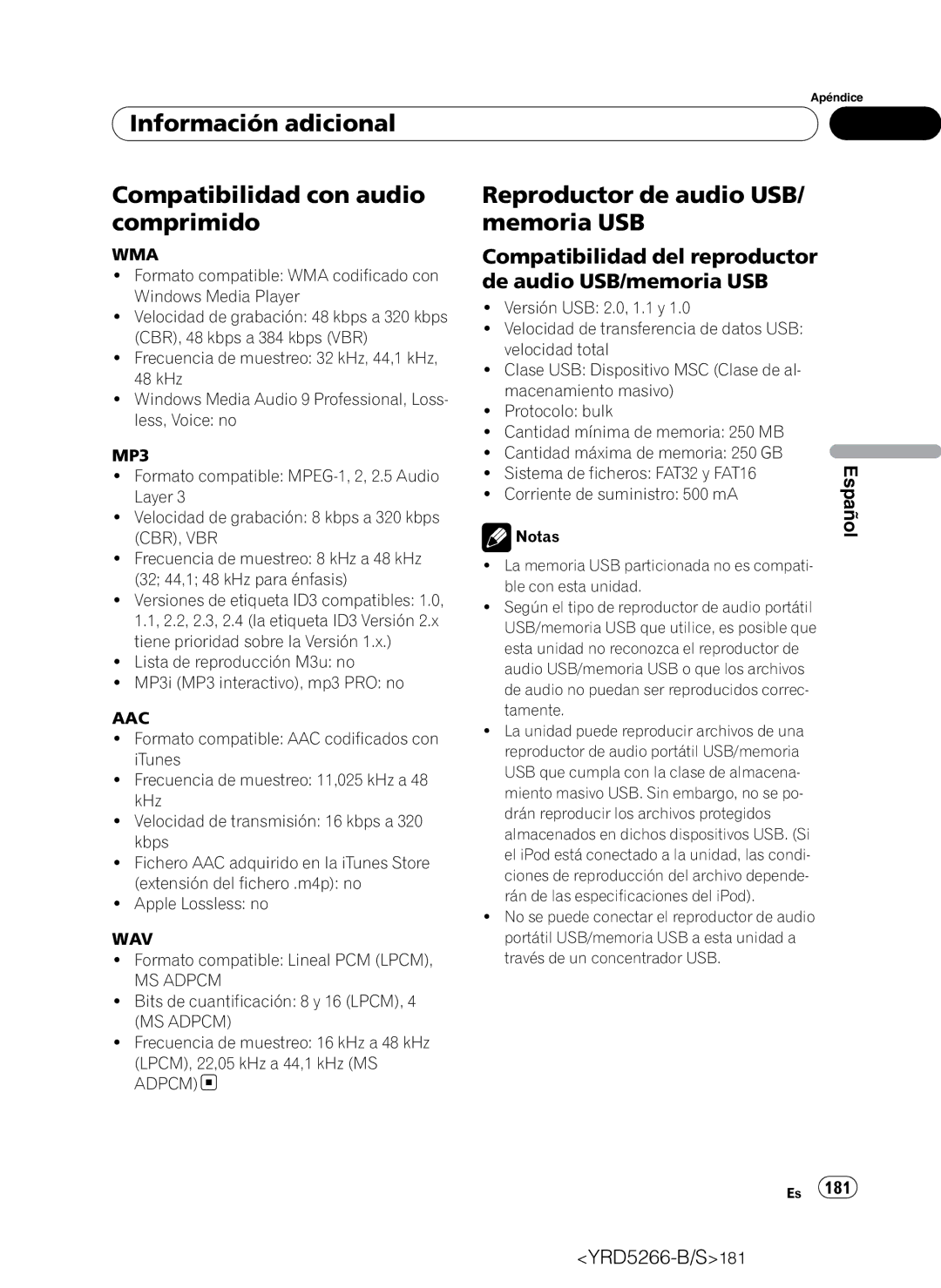 Pioneer DEH-P410UB Información adicional Compatibilidad con audio comprimido, Reproductor de audio USB/ memoria USB 