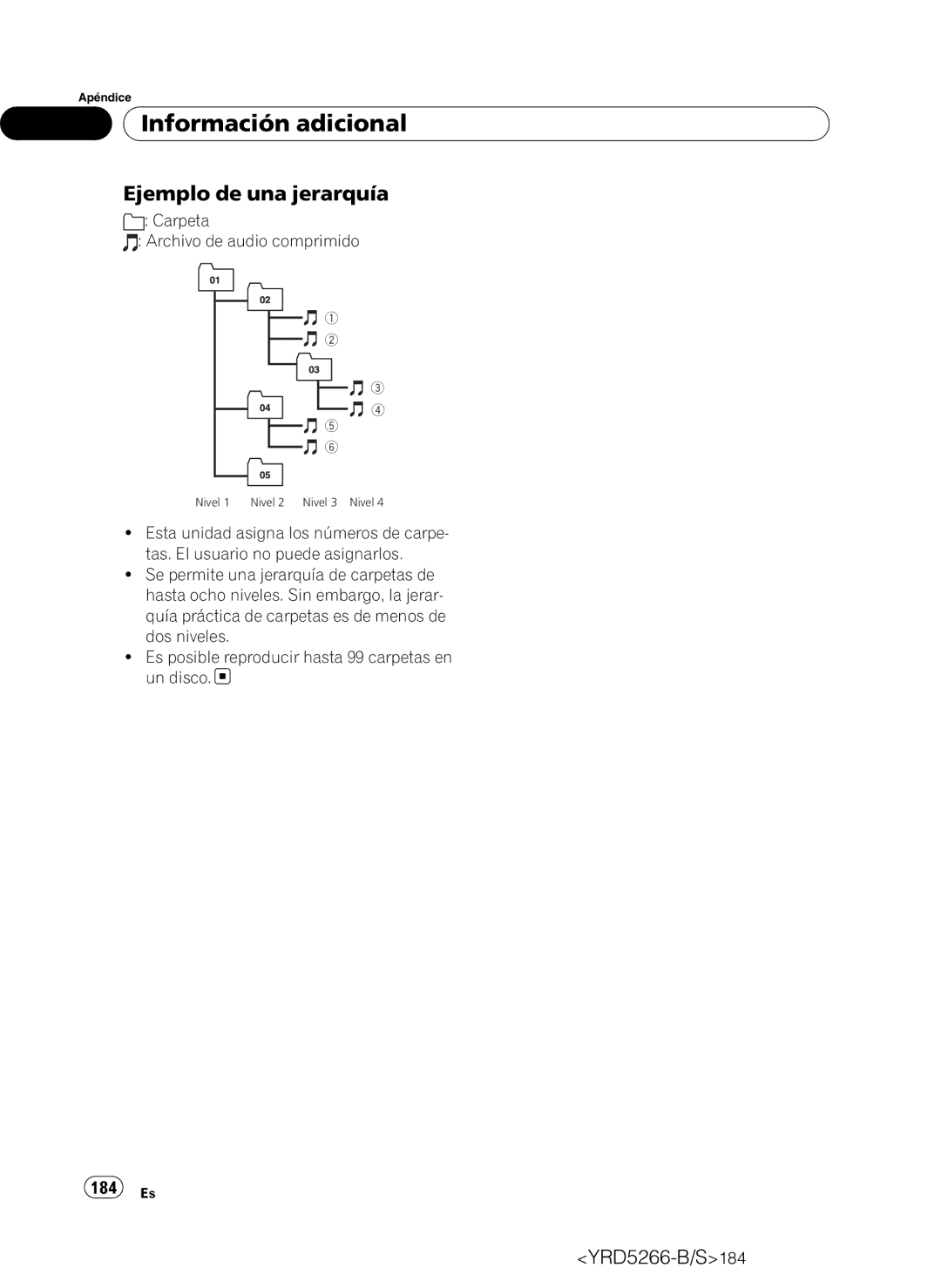 Pioneer DEH-P410UB operation manual Ejemplo de una jerarquía, 184 Es, Carpeta Archivo de audio comprimido 