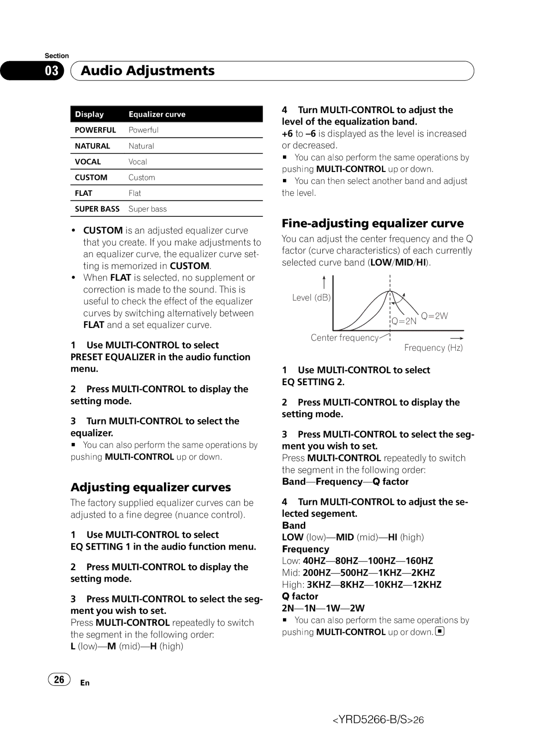 Pioneer DEH-P410UB Audio Adjustments, Adjusting equalizer curves, Fine-adjusting equalizer curve, EQ Setting 