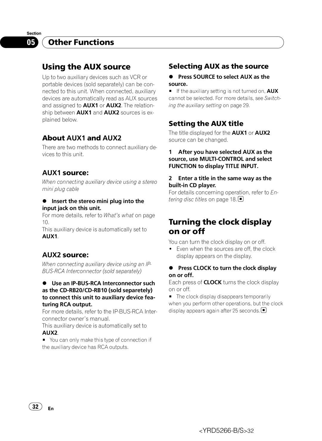 Pioneer DEH-P410UB operation manual Other Functions Using the AUX source, Turning the clock display on or off 