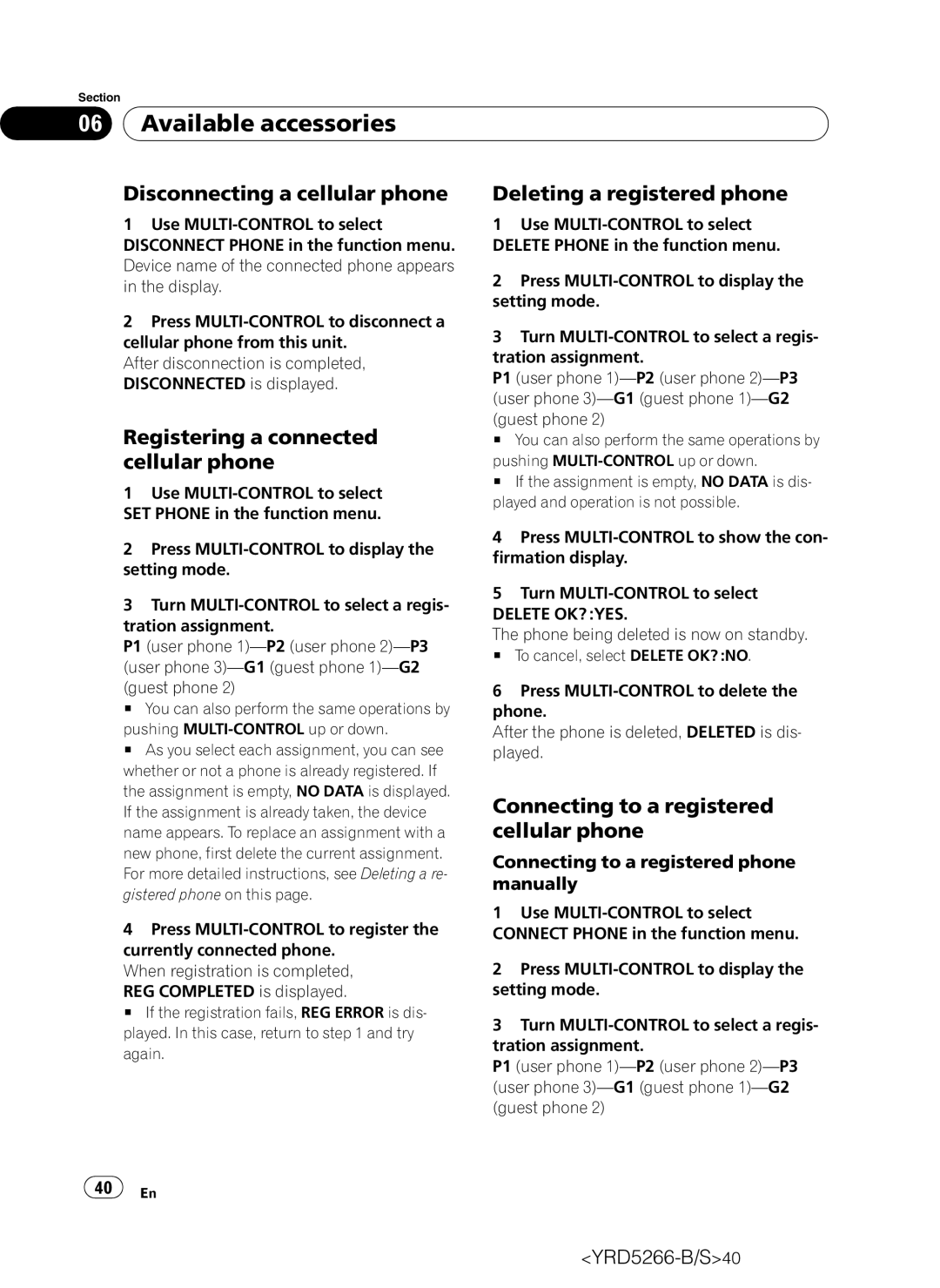 Pioneer DEH-P410UB Disconnecting a cellular phone, Registering a connected cellular phone, Deleting a registered phone 