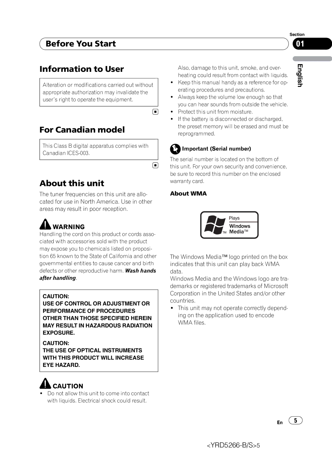 Pioneer DEH-P410UB operation manual Before You Start Information to User, For Canadian model, About this unit 