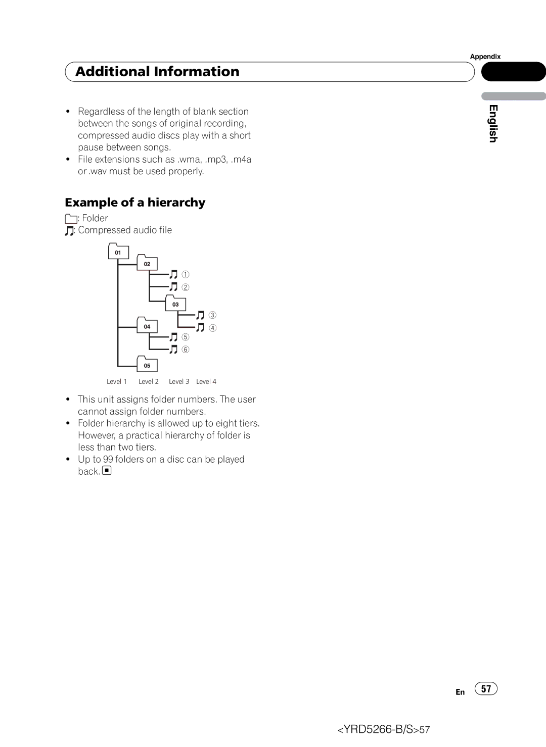 Pioneer DEH-P410UB operation manual Example of a hierarchy, Folder Compressed audio file 