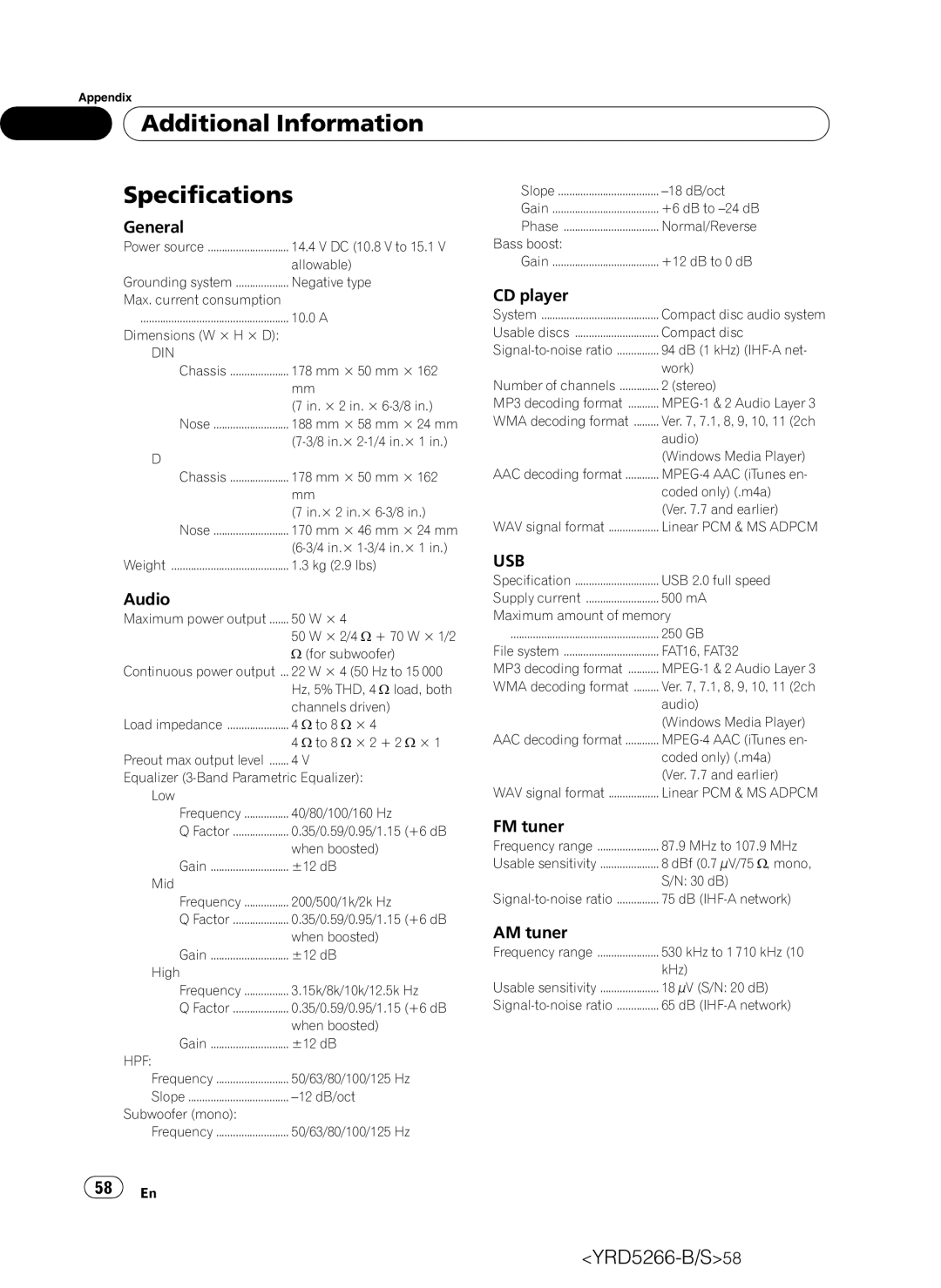 Pioneer DEH-P410UB operation manual Additional Information Specifications, Usb 