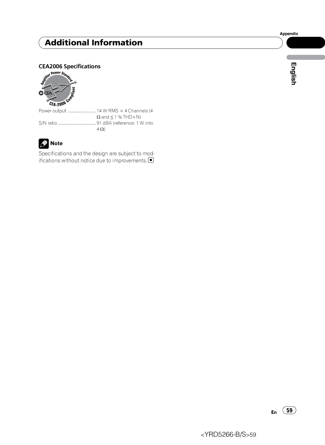 Pioneer DEH-P410UB operation manual CEA2006 Specifications 