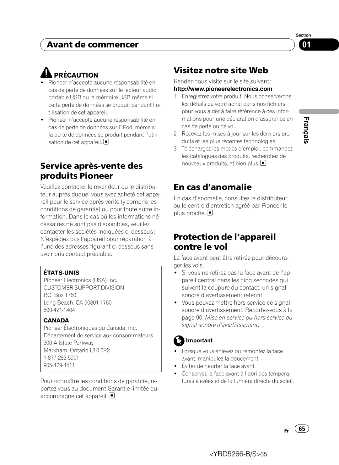 Pioneer DEH-P410UB En cas d’anomalie, Protection de l’appareil contre le vol, Rendez-nous visite sur le site suivant 