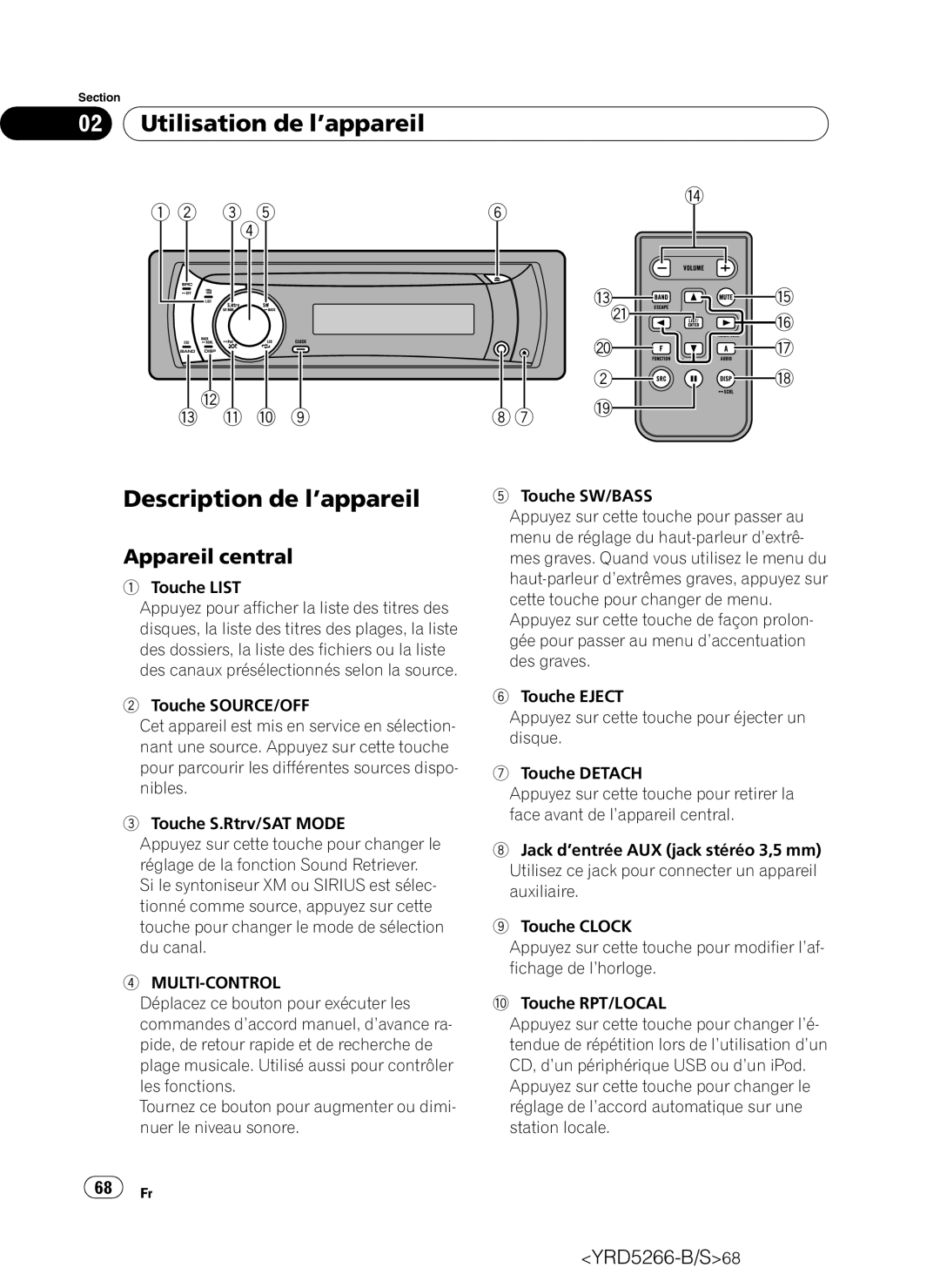 Pioneer DEH-P410UB operation manual Utilisation de l’appareil Description de l’appareil, Appareil central 