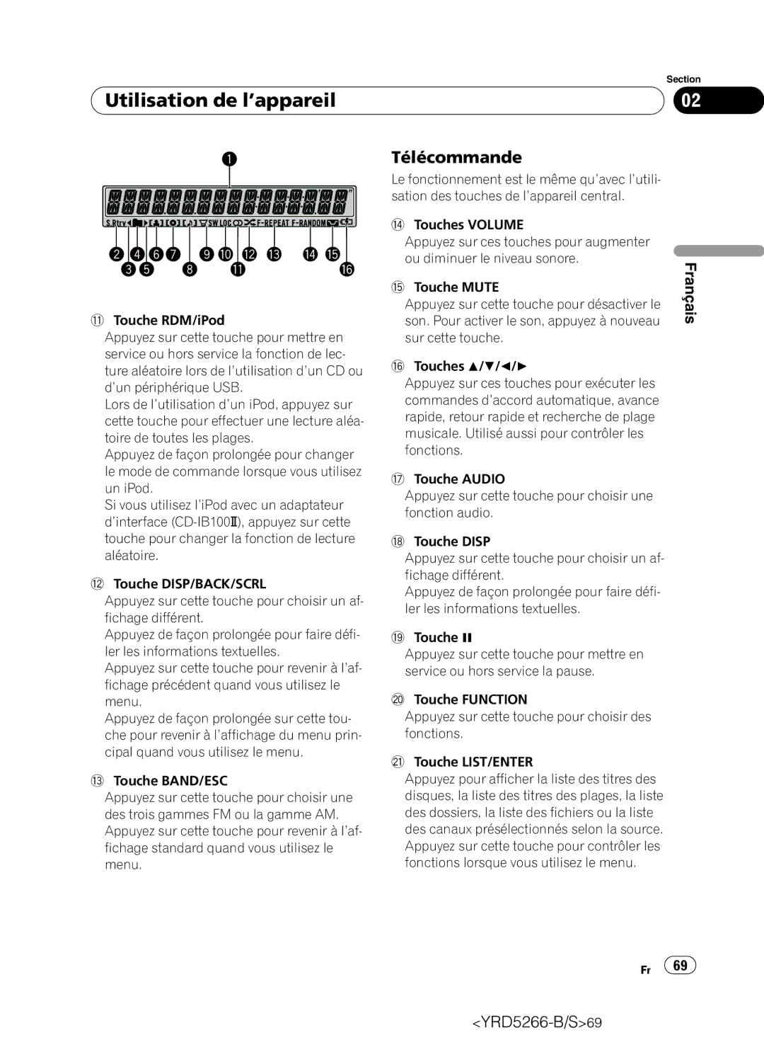 Pioneer DEH-P410UB operation manual Utilisation de l’appareil, Télécommande 