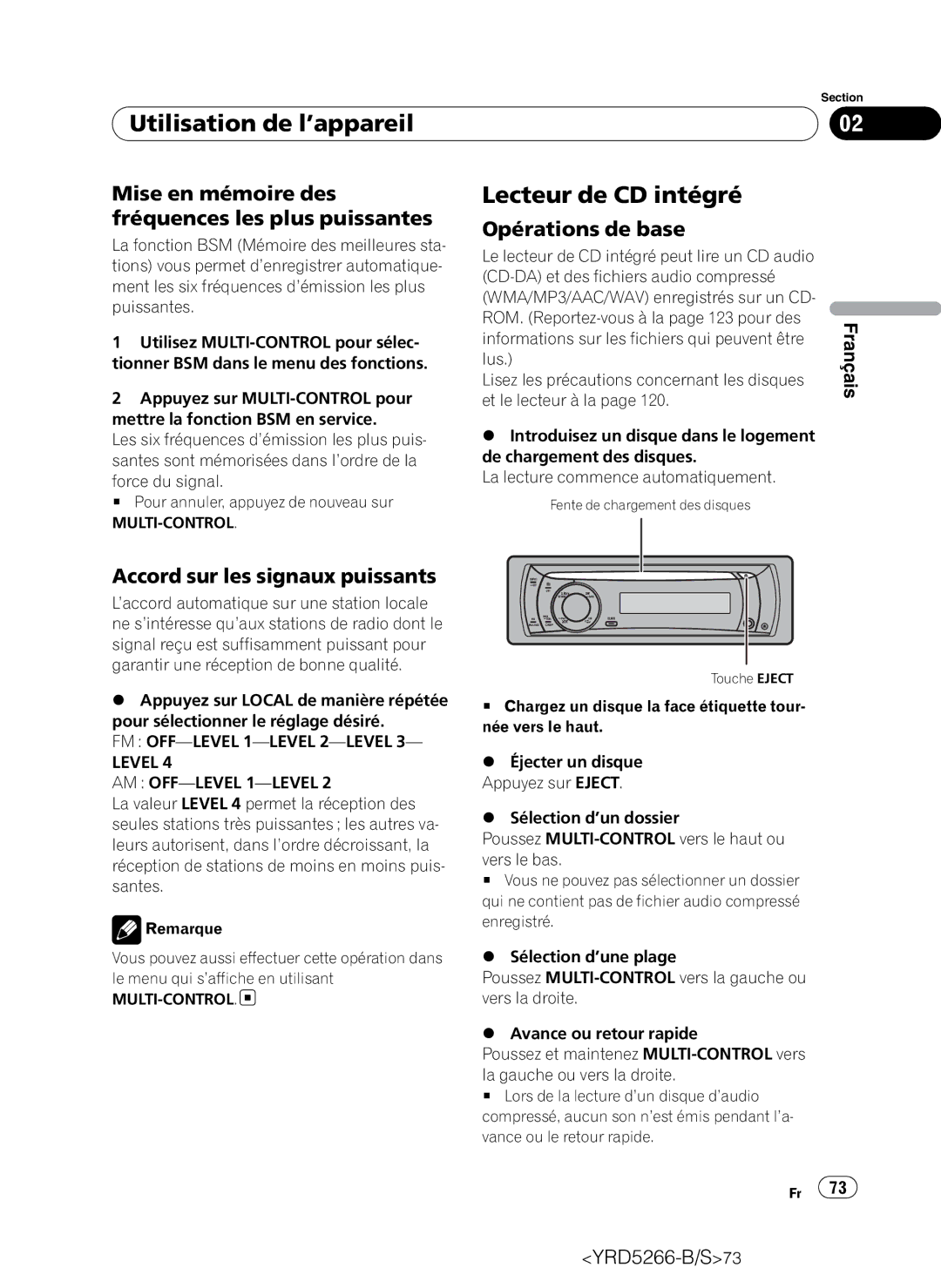 Pioneer DEH-P410UB operation manual Lecteur de CD intégré, Mise en mémoire des fréquences les plus puissantes 