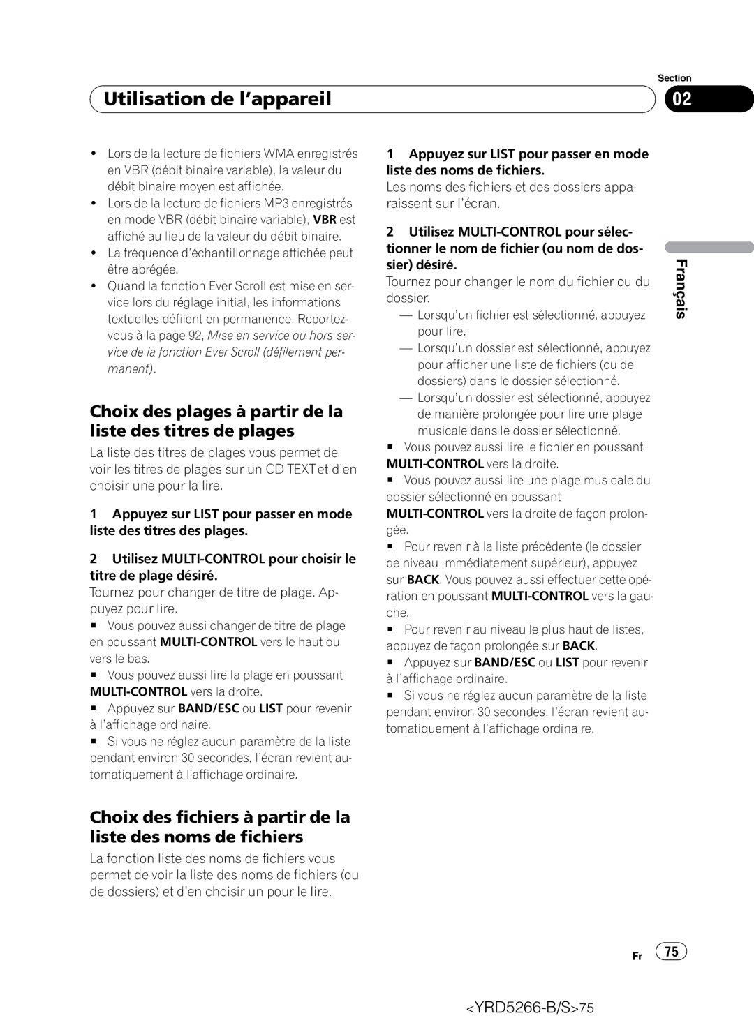 Pioneer DEH-P410UB Choix des plages à partir de la liste des titres de plages, Lorsqu’un dossier est sélectionné, appuyez 