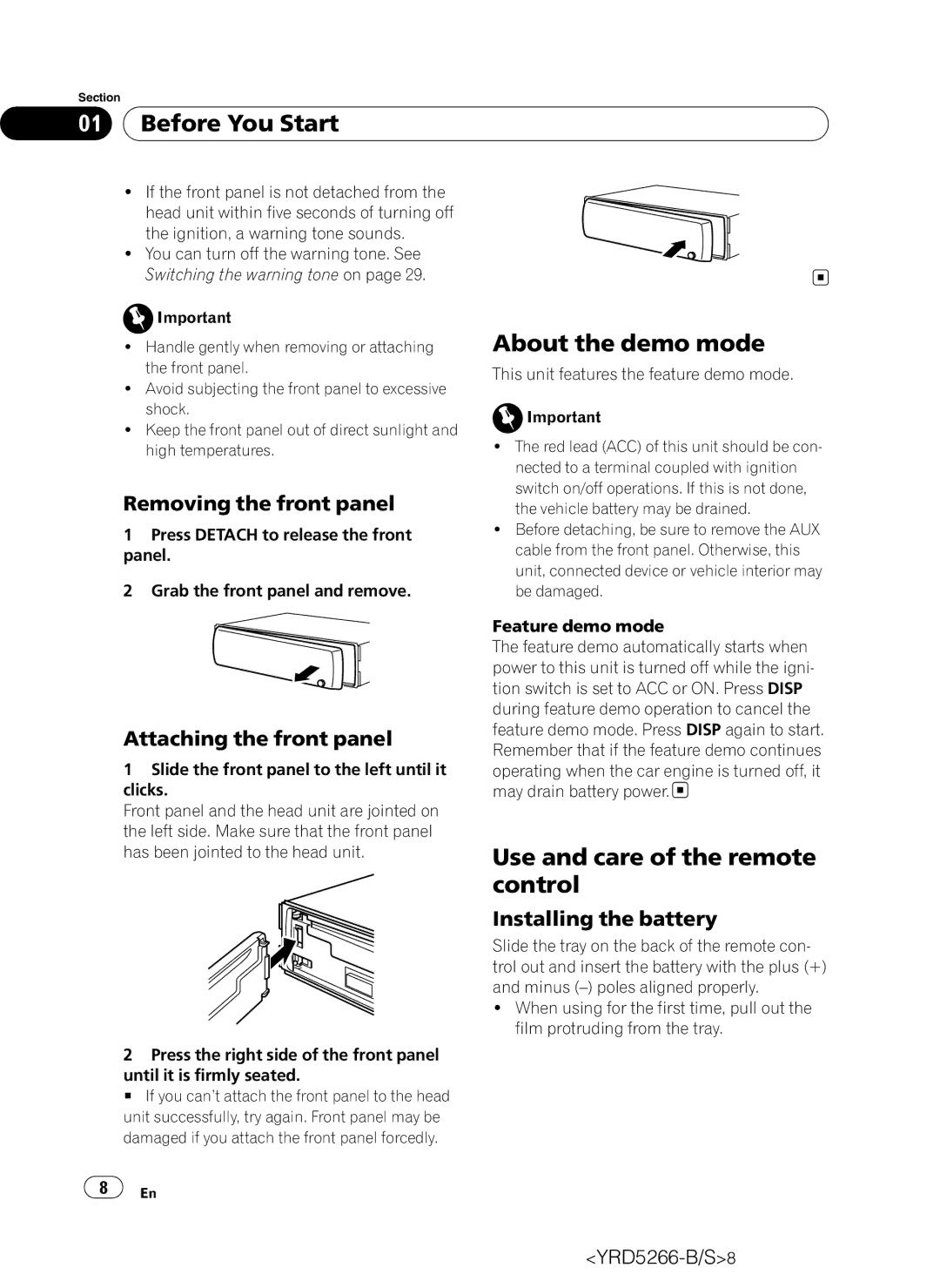 Pioneer DEH-P410UB operation manual About the demo mode, Use and care of the remote control, Removing the front panel 