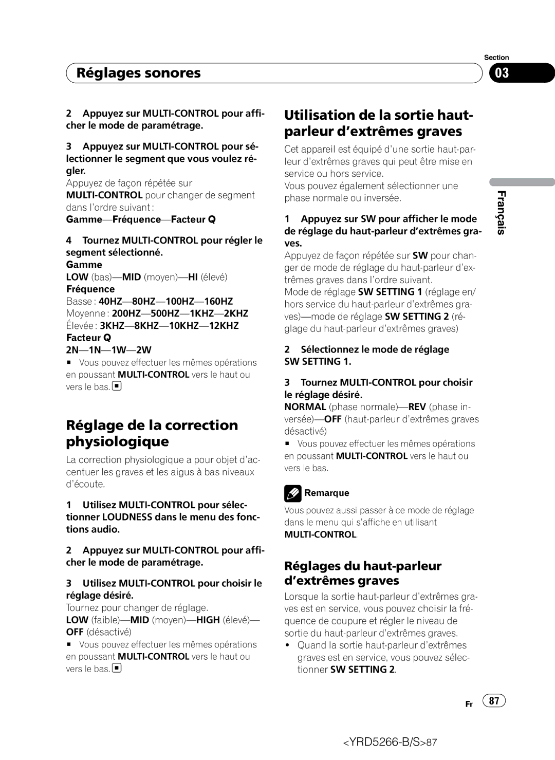 Pioneer DEH-P410UB operation manual Réglages sonores, Utilisation de la sortie haut- parleur d’extrêmes graves 