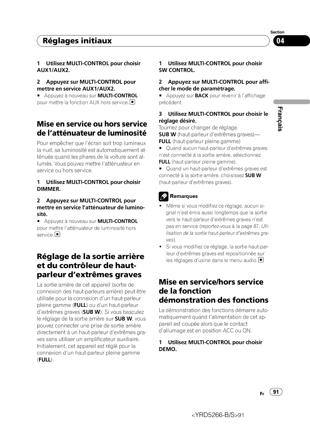 Pioneer DEH-P410UB operation manual Réglages initiaux, Dimmer 