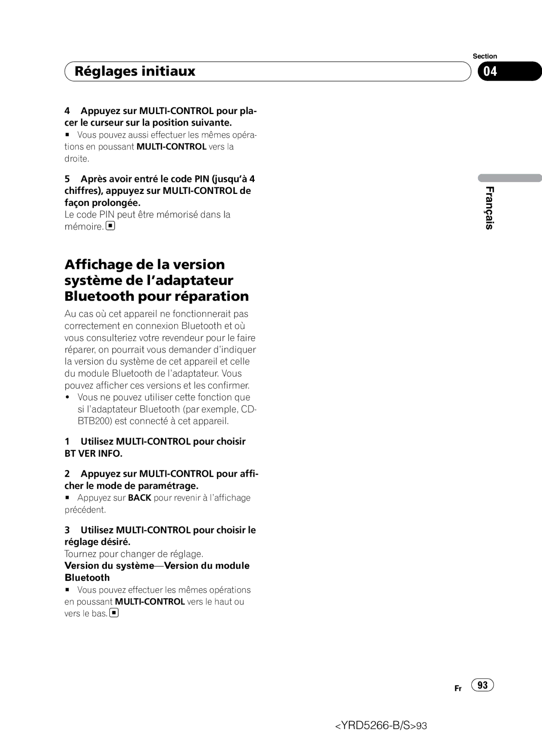 Pioneer DEH-P410UB operation manual Français YRD5266-B/S93 