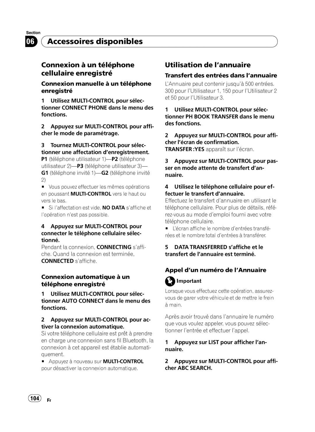 Pioneer DEH-P410UB operation manual Connexion à un téléphone cellulaire enregistré, Utilisation de l’annuaire, 104 Fr 