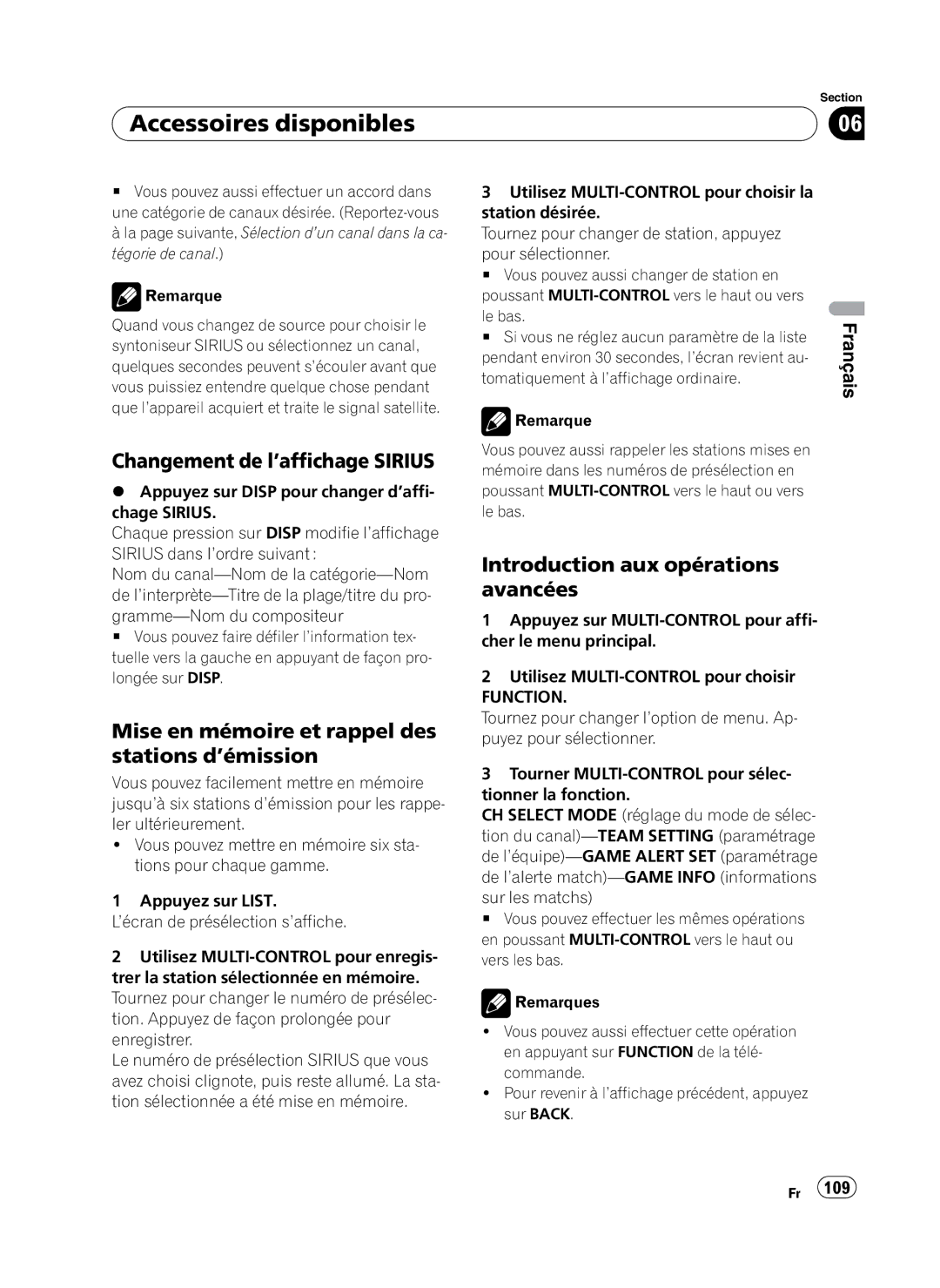 Pioneer DEH-P410UB operation manual Changement de l’affichage Sirius, Introduction aux opérations avancées 