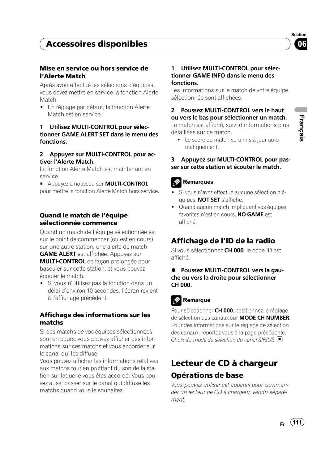 Pioneer DEH-P410UB operation manual Lecteur de CD à chargeur, Mise en service ou hors service de l’Alerte Match 