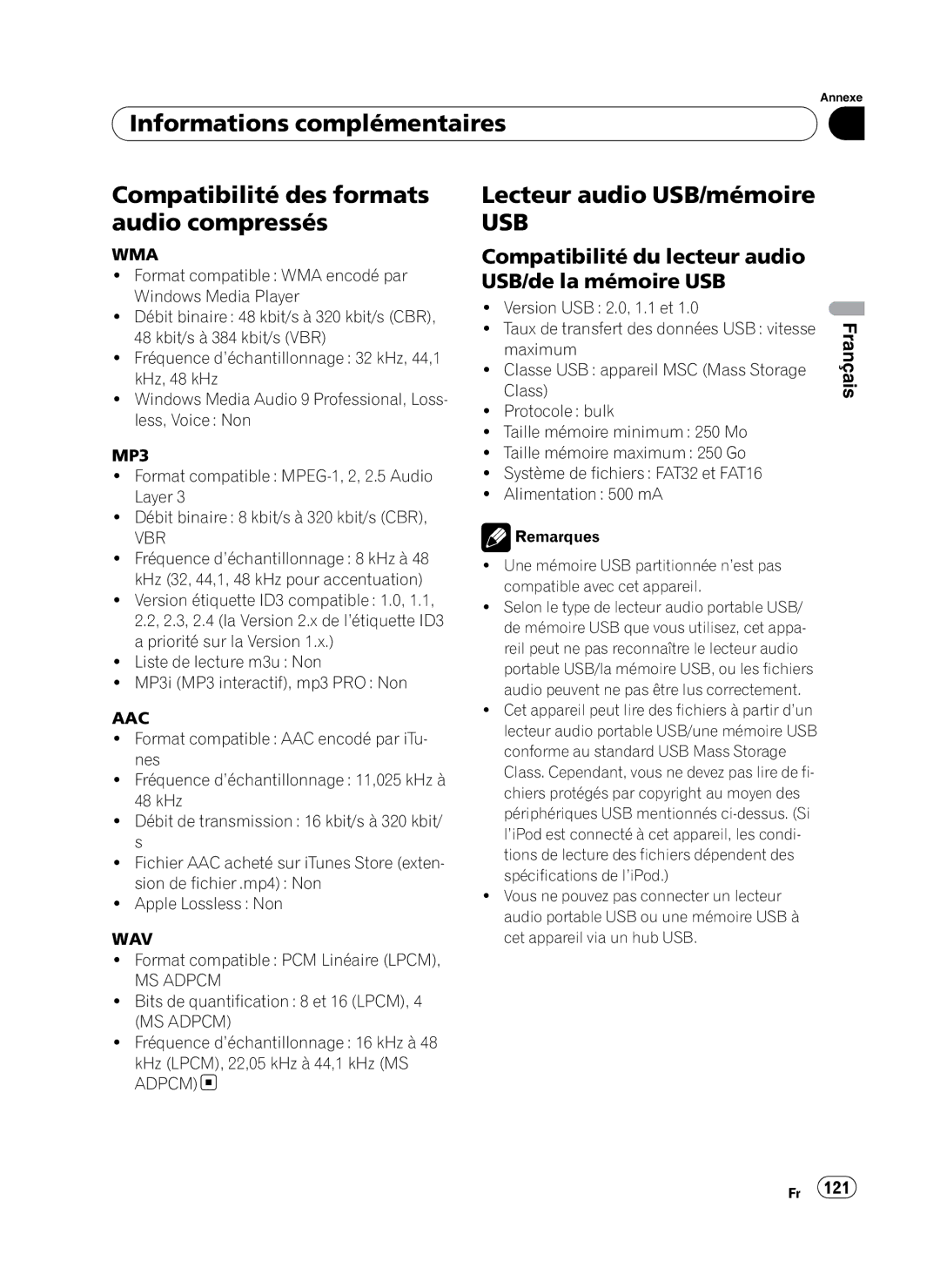 Pioneer DEH-P410UB operation manual Lecteur audio USB/mémoire, Compatibilité du lecteur audio USB/de la mémoire USB, Vbr 