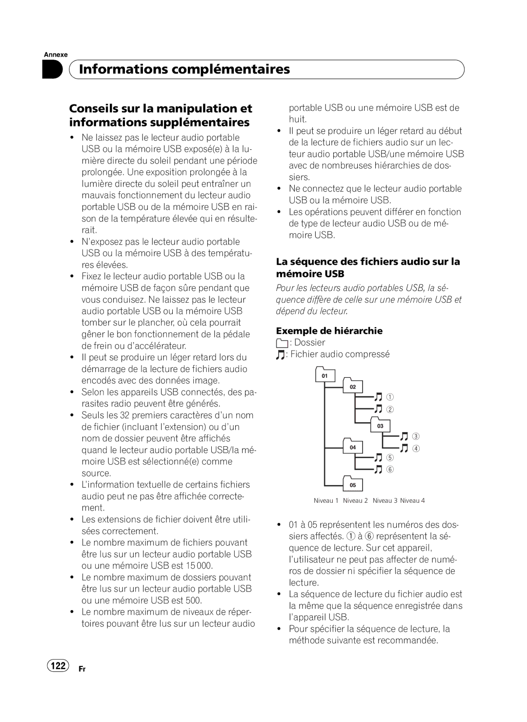 Pioneer DEH-P410UB operation manual 122 Fr, La séquence des fichiers audio sur la mémoire USB 