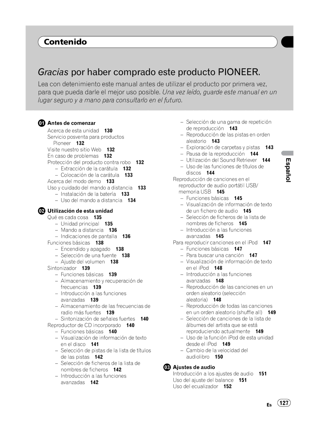 Pioneer DEH-P410UB operation manual Contenido, Extracción de la carátula 132, 133, 138, 143 