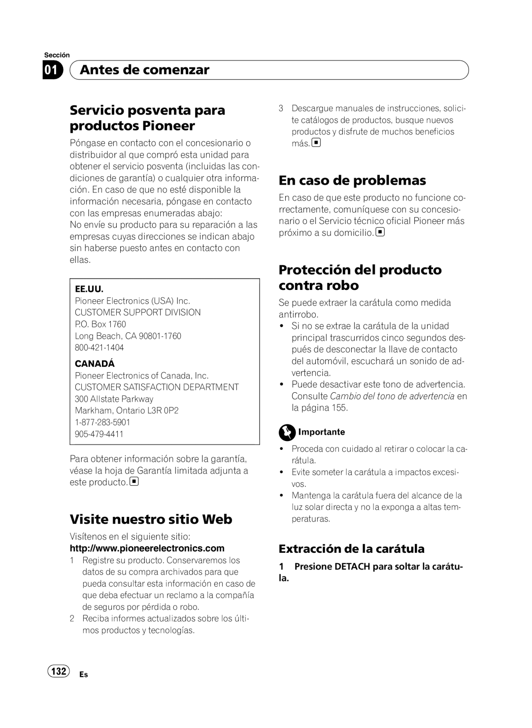 Pioneer DEH-P410UB operation manual Antes de comenzar Servicio posventa para productos Pioneer, Visite nuestro sitio Web 